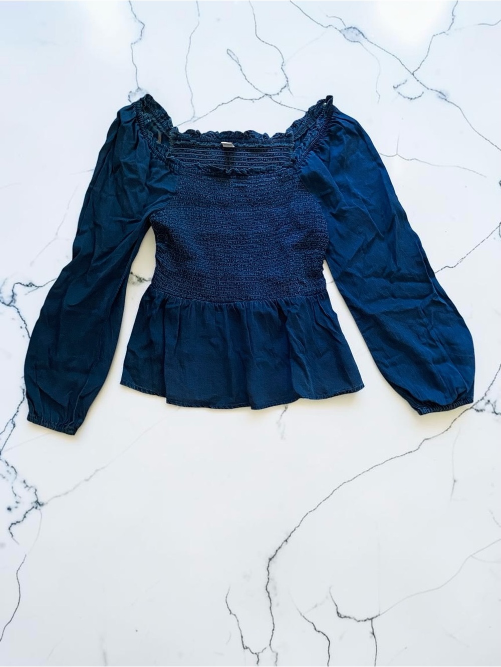 Old Navy Navy Smocked Peplum Long-Sleeve Top